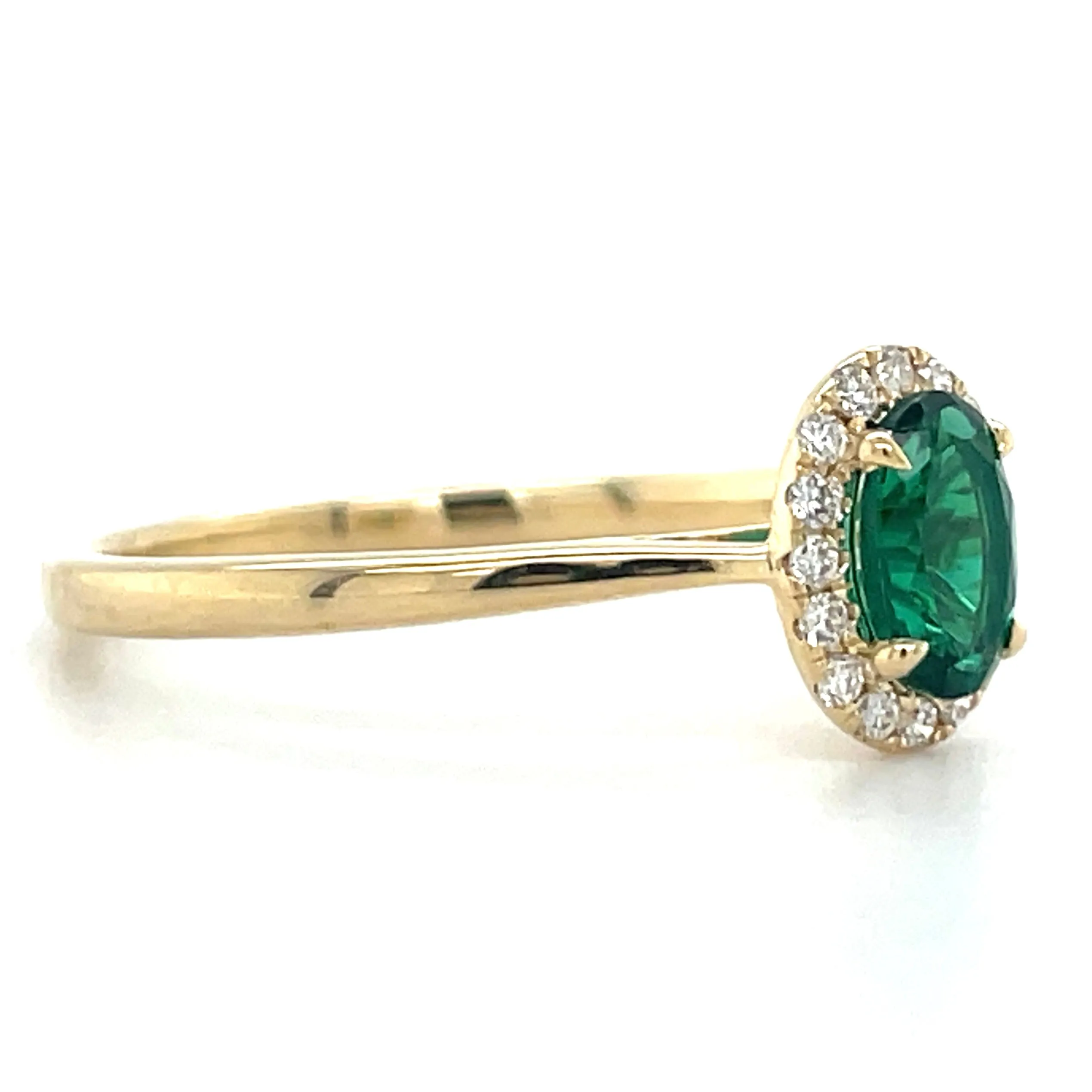 14ct Yellow Gold Laboratory Grown Oval Emerald & Diamond Halo Ring