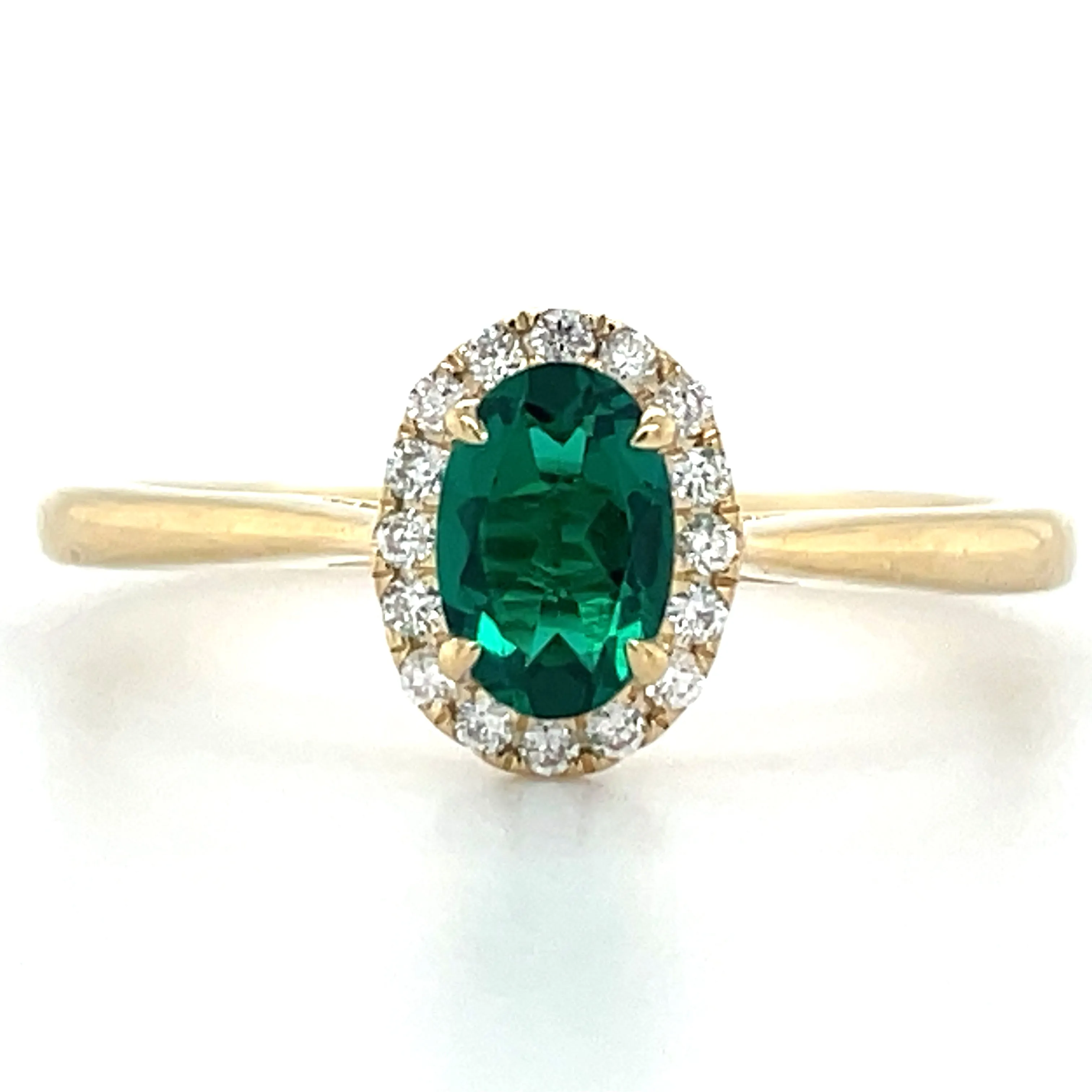 14ct Yellow Gold Laboratory Grown Oval Emerald & Diamond Halo Ring