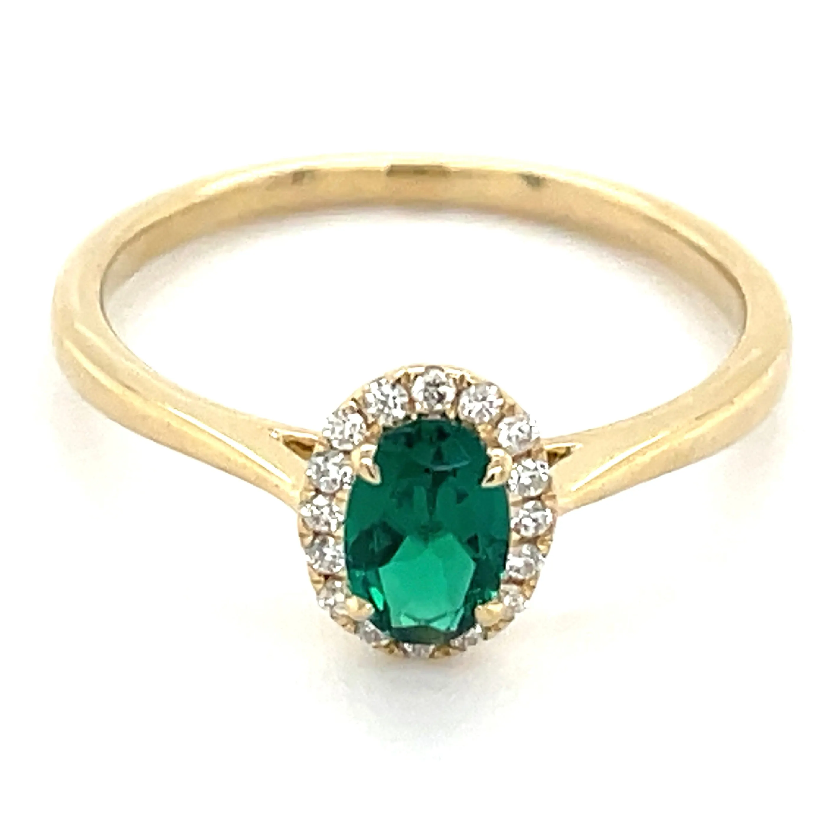 14ct Yellow Gold Laboratory Grown Oval Emerald & Diamond Halo Ring