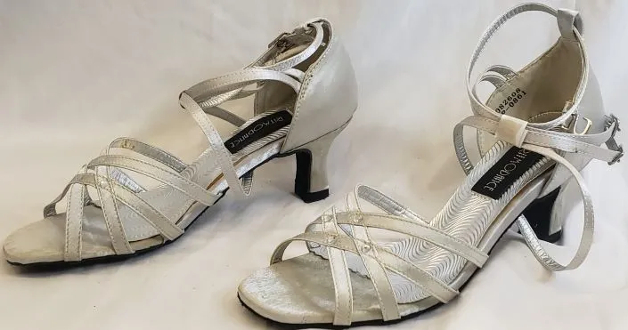 2.38" Sonia -- Flare Heel Latin Sandal -- Silver Satin