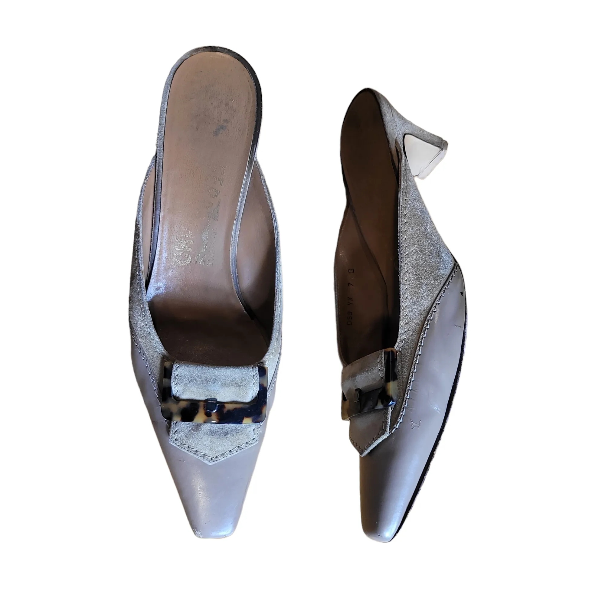 90s Ferragamo Leather Kitten Heel Slide -In Mules Size 7