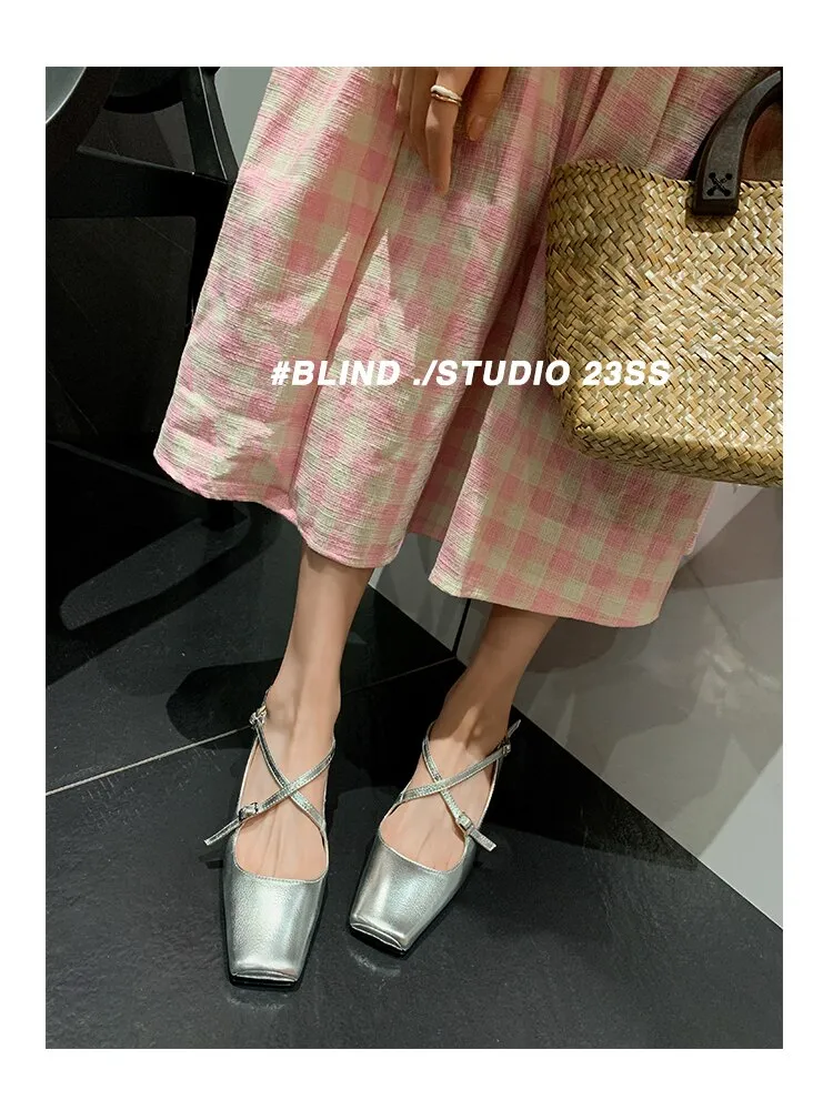 Advbridge 2023 new spring women pumps natural leather 22-24.5cm length cowhide sheepskin square toe Cross buckle Mary Jane shoes