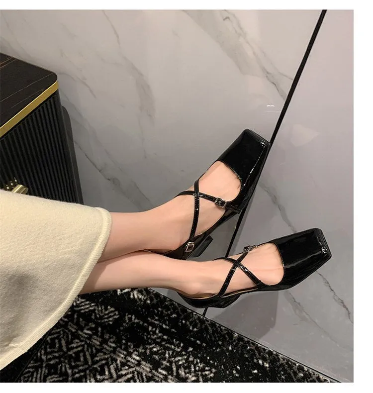 Advbridge 2023 new spring women pumps natural leather 22-24.5cm length cowhide sheepskin square toe Cross buckle Mary Jane shoes