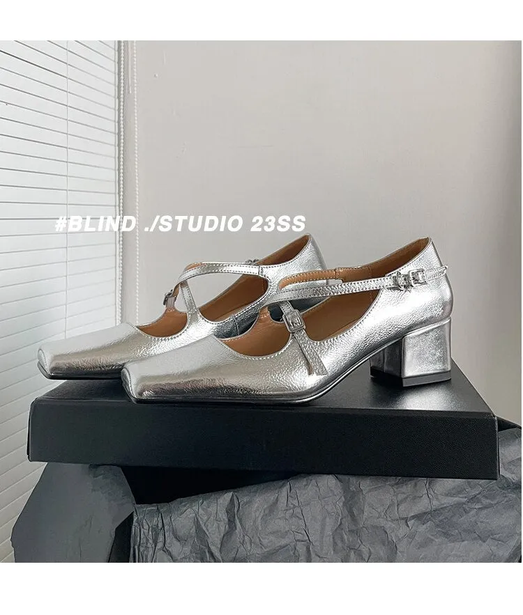 Advbridge 2023 new spring women pumps natural leather 22-24.5cm length cowhide sheepskin square toe Cross buckle Mary Jane shoes