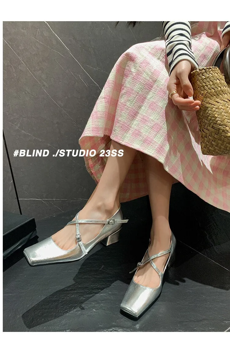 Advbridge 2023 new spring women pumps natural leather 22-24.5cm length cowhide sheepskin square toe Cross buckle Mary Jane shoes