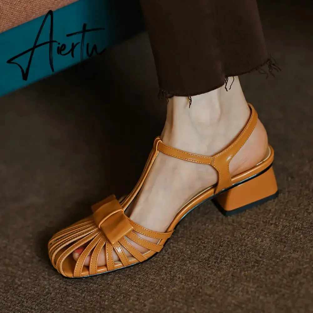 Aiertu New Shallow Rome Thick Med Heels Shoes Buckle Strap Genuine Leather Sandals Women Ladies Shoes Leather Gladiator Sandals