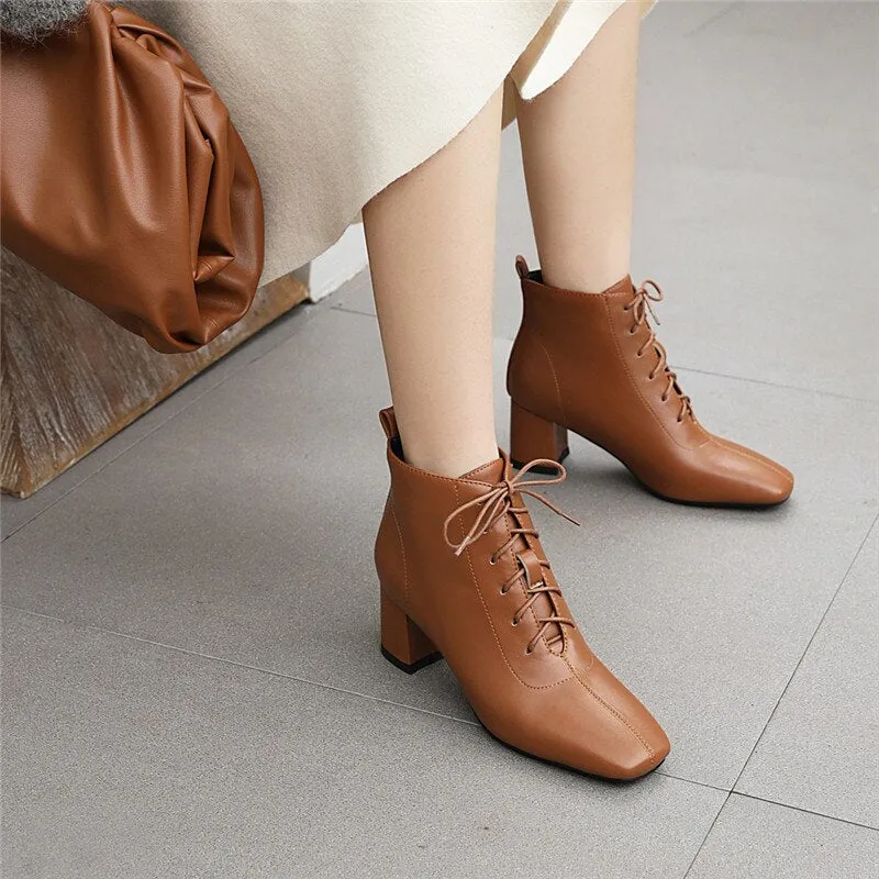 Amozae Fashion Lace Up Women's Ankle Boots Autumn Winter Shoes Black Brown Beige Casual Short Boots Women Shoes Large Size 45 46