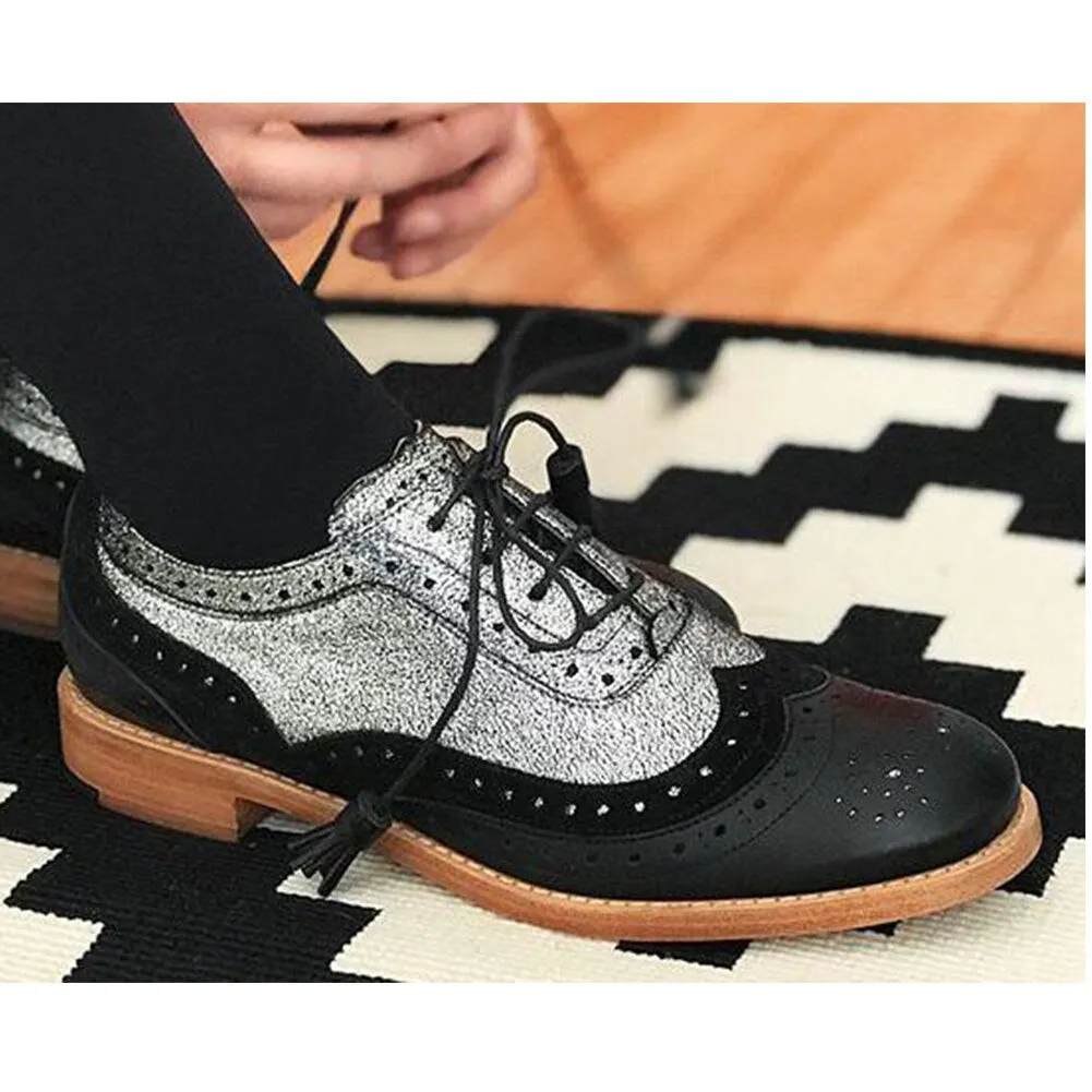 Amozae-- New Big Size 43 Female Chunky Fashion Leisure Brogue Women Shoes Mix Color Lace Up Flats Women Flats