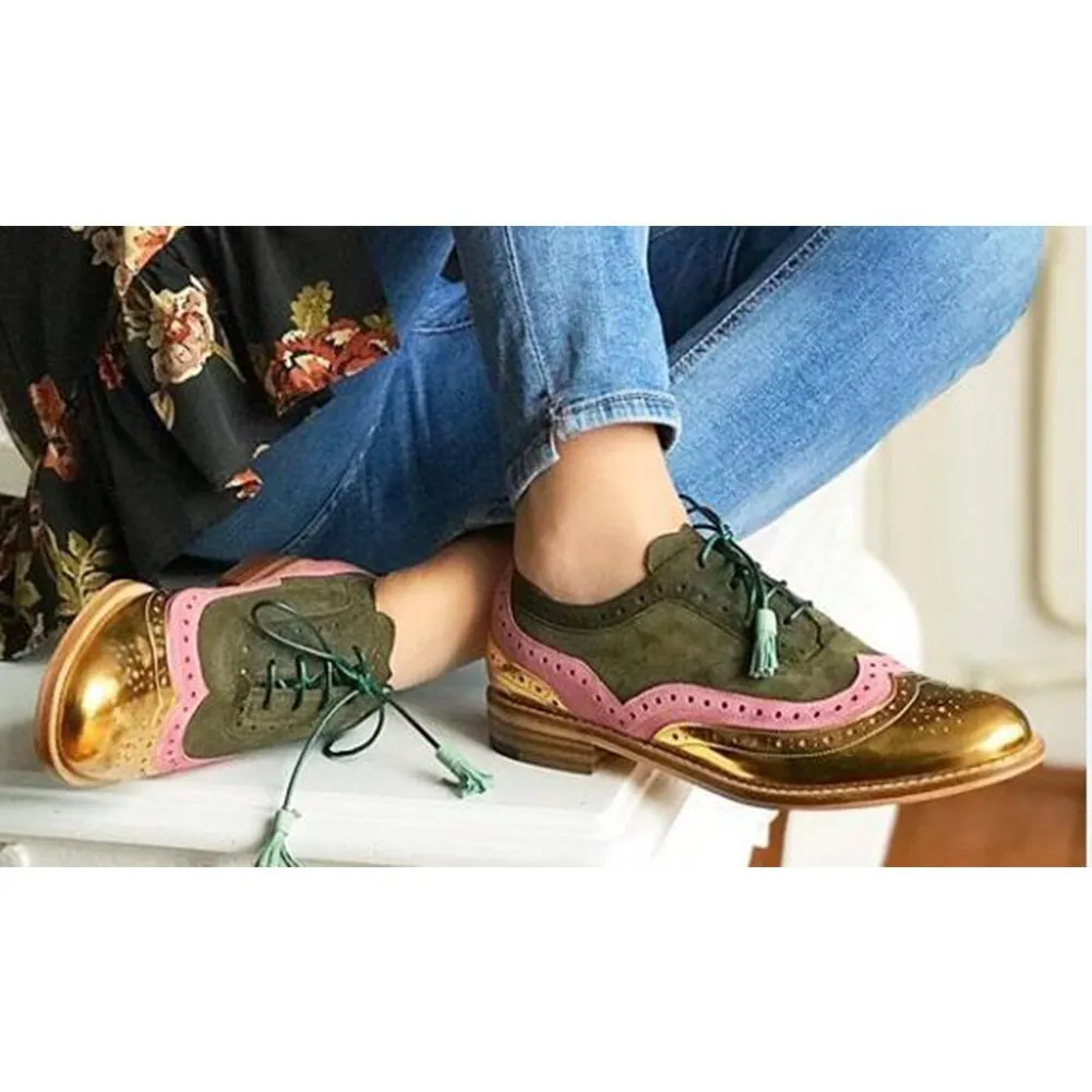 Amozae-- New Big Size 43 Female Chunky Fashion Leisure Brogue Women Shoes Mix Color Lace Up Flats Women Flats