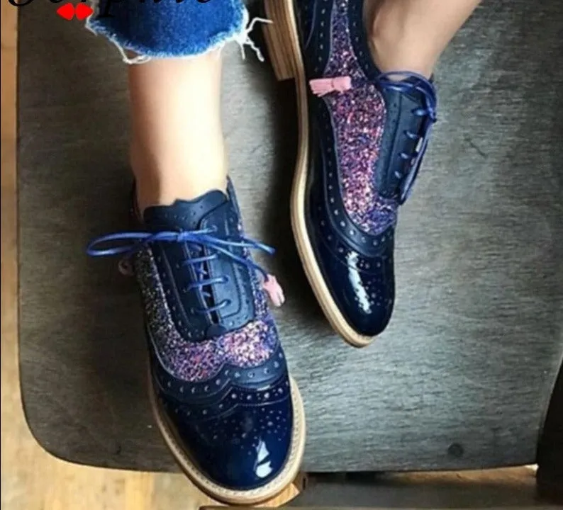 Amozae-- New Big Size 43 Female Chunky Fashion Leisure Brogue Women Shoes Mix Color Lace Up Flats Women Flats