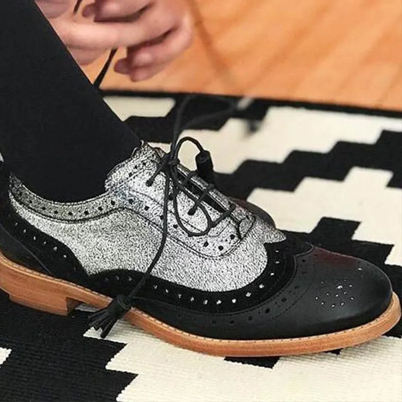 Amozae-- New Big Size 43 Female Chunky Fashion Leisure Brogue Women Shoes Mix Color Lace Up Flats Women Flats