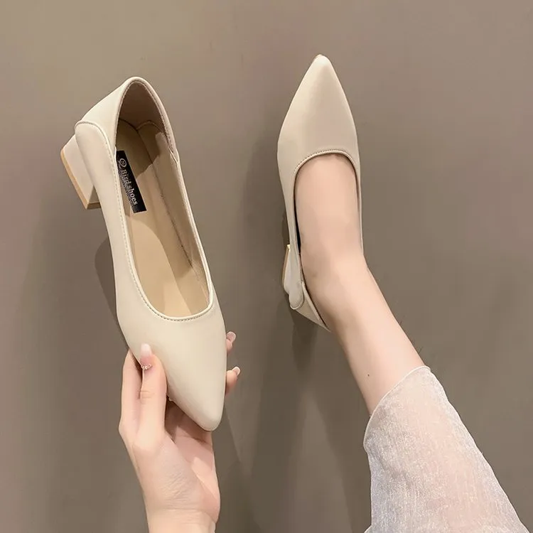 Amozae New Fashion Exquisite Ladies Beautiful Solid Color Shallow Mouth Thick Heel Soft Sole Pointed Toe Heel Shoes Ladies High Heels