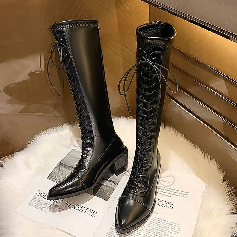 Amozae- New Knee-high Boots Women's Autumn And Winter Fashion Front Lace-up Botas Mujer Boots Square Heel Women's Shoes