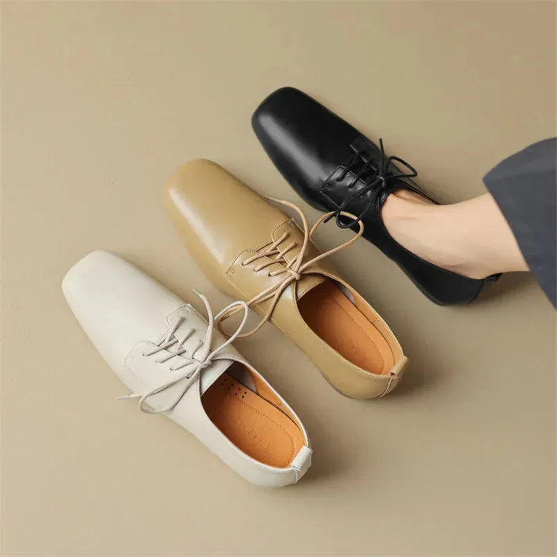 Amozae-New Split Leather Loafers Spring/Autumn Square Toe Chunky Heel Lace Women Pumps Shoes for Women Ladies Shoes Comfort Low Heels