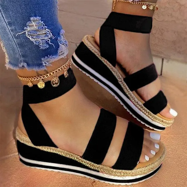 Amozae Summer Sandals Women Wedges Platform Ladies Hemp Shoes Ladies Candy Color Casual Girls Slip on Strap Cross Girls Plus Size