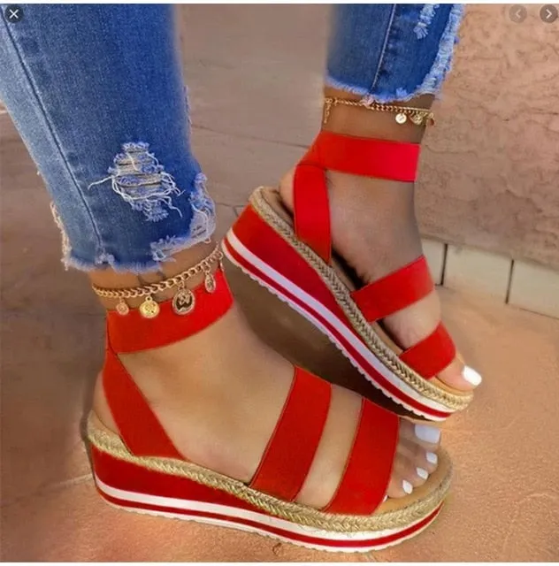 Amozae Summer Sandals Women Wedges Platform Ladies Hemp Shoes Ladies Candy Color Casual Girls Slip on Strap Cross Girls Plus Size