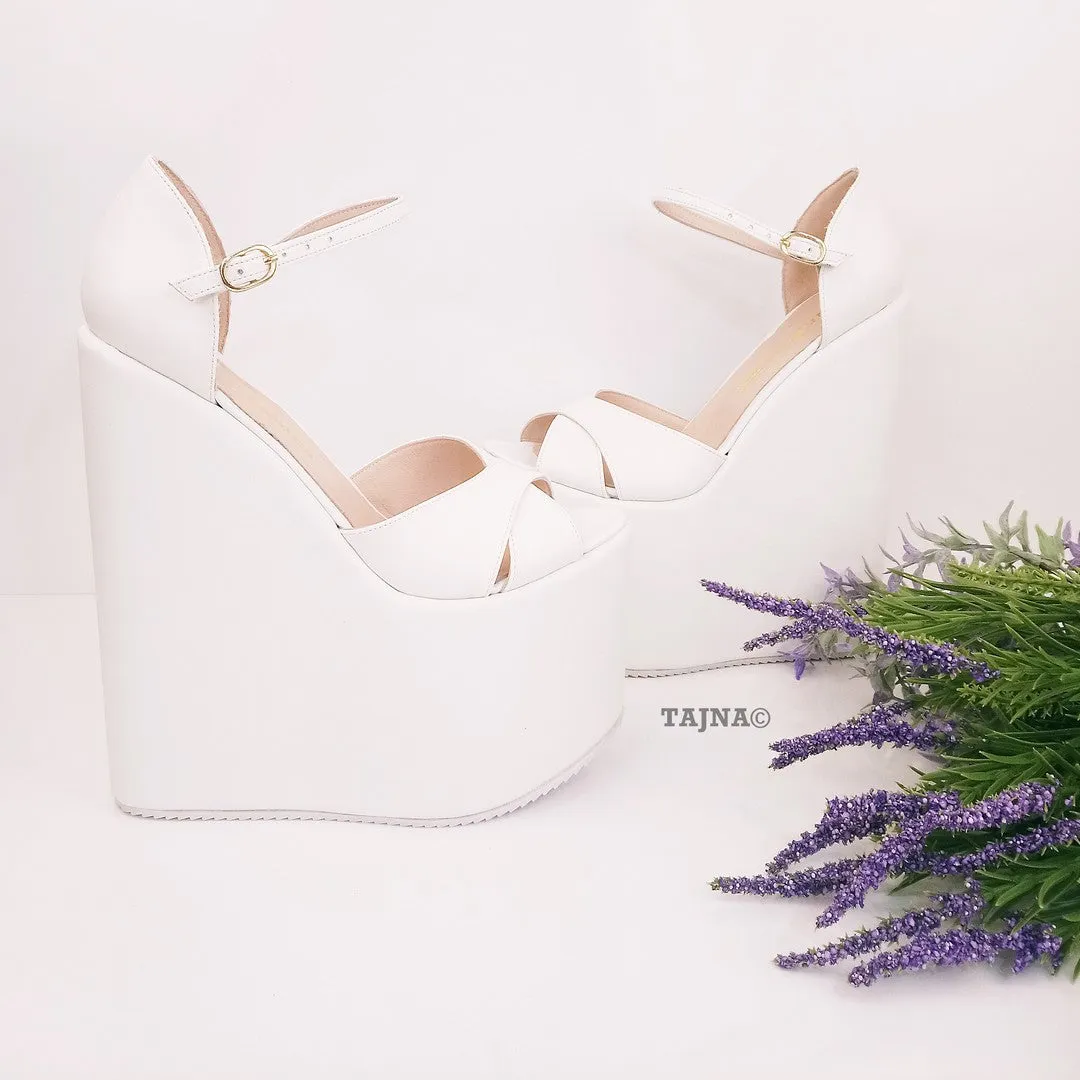 Ankle Cross Strap White Wedge Bridal Shoes