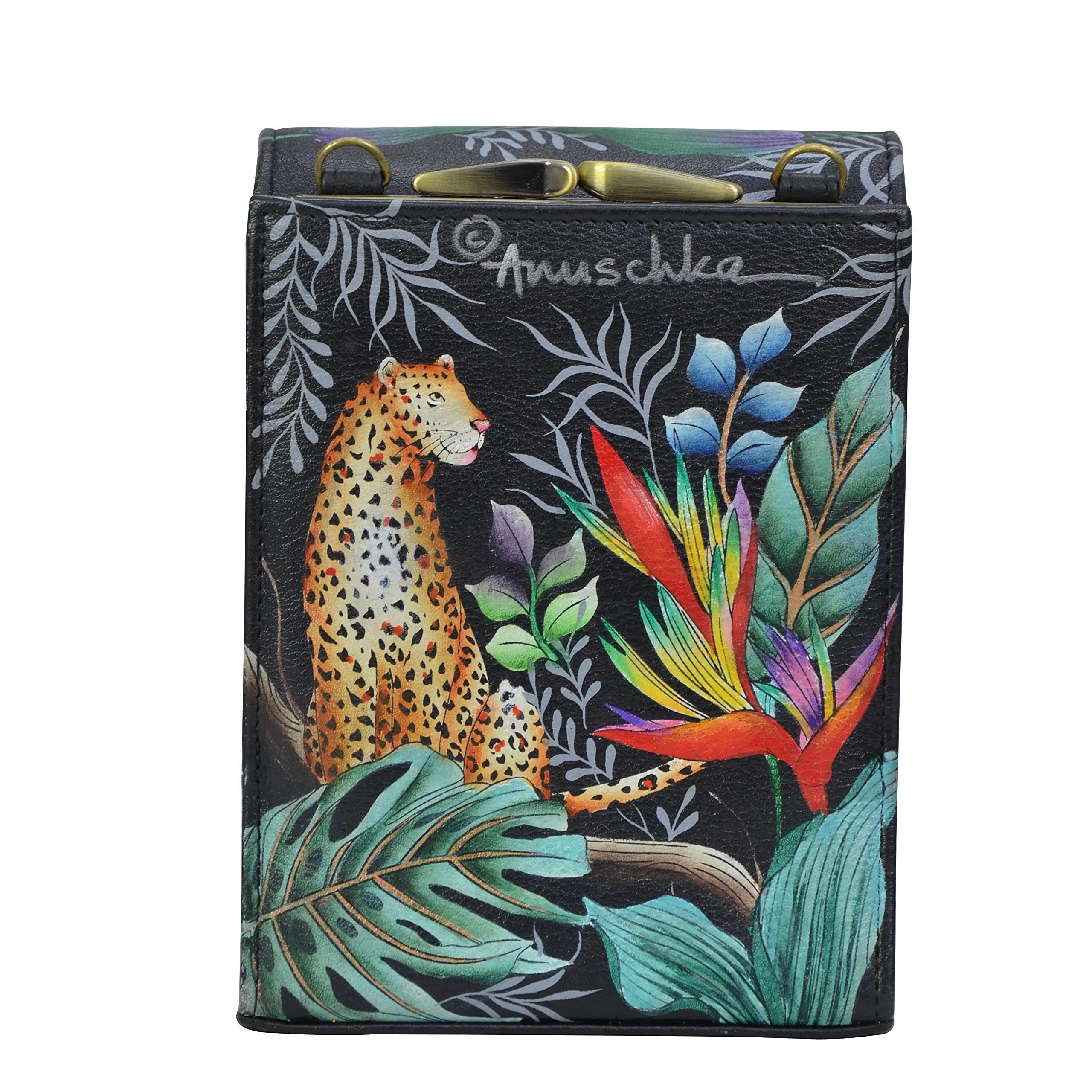 Anuschka Women's Hand Painted Genuine Leather Triple Compartment Crossbody Organiser - Jungle Queen