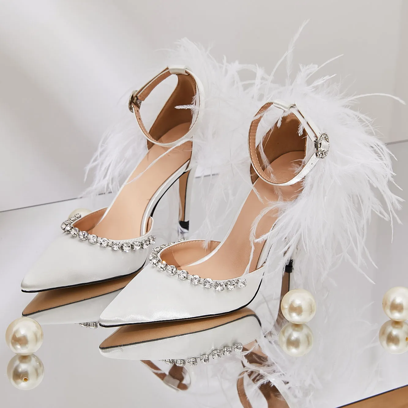 B-FEI niche gorgeous feather rhinestone high heels wedding evening shoes- Toria