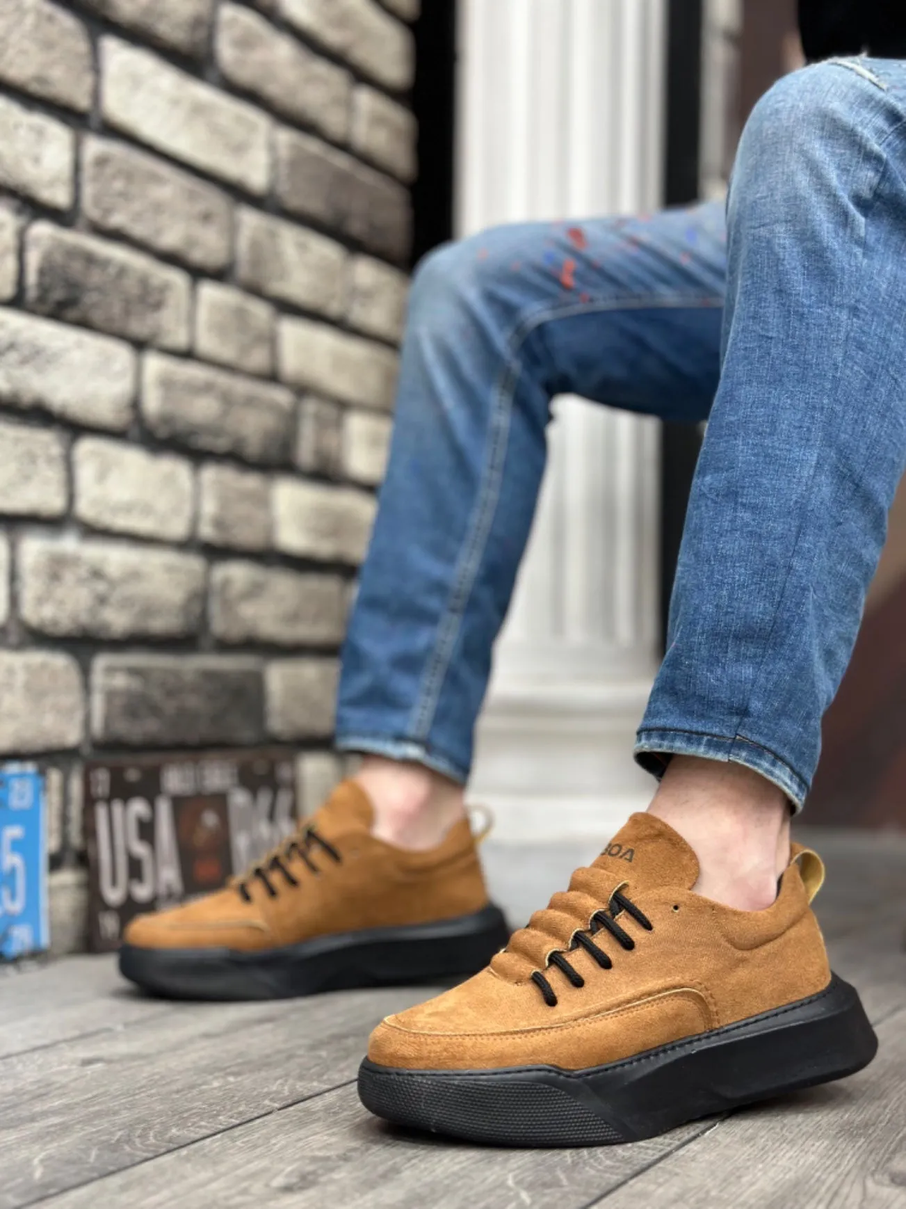 BA0332 Ladder Pattern Lace-Up Men's High Sole Tan Suede Black Sole Sports Shoes