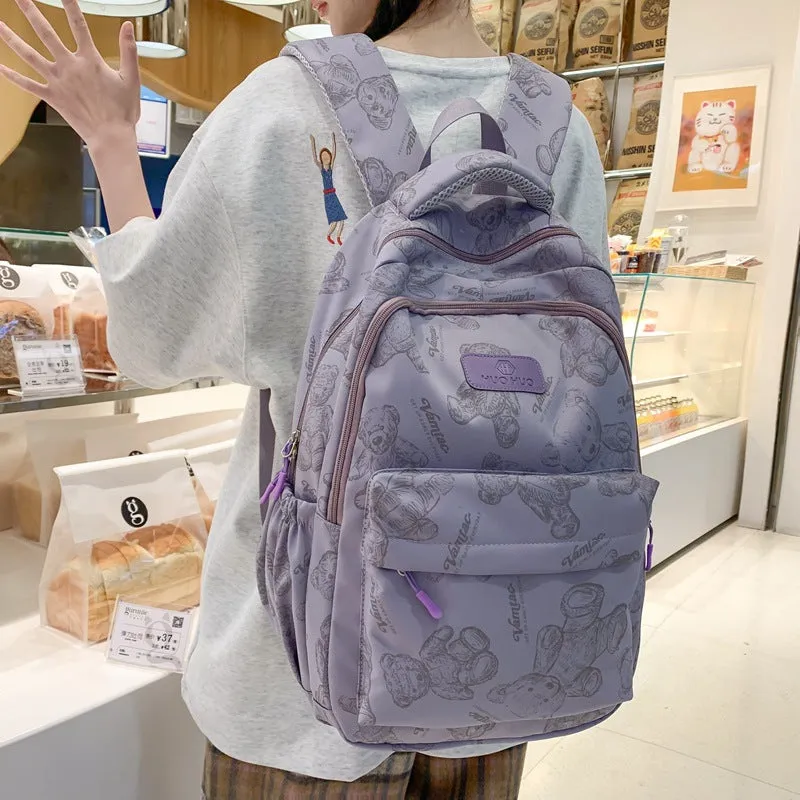 Bear Printed Backpack 23 Years Cross-Border Commuter Large Capacity Travel School Bag Cute Printed High School Student Double Back