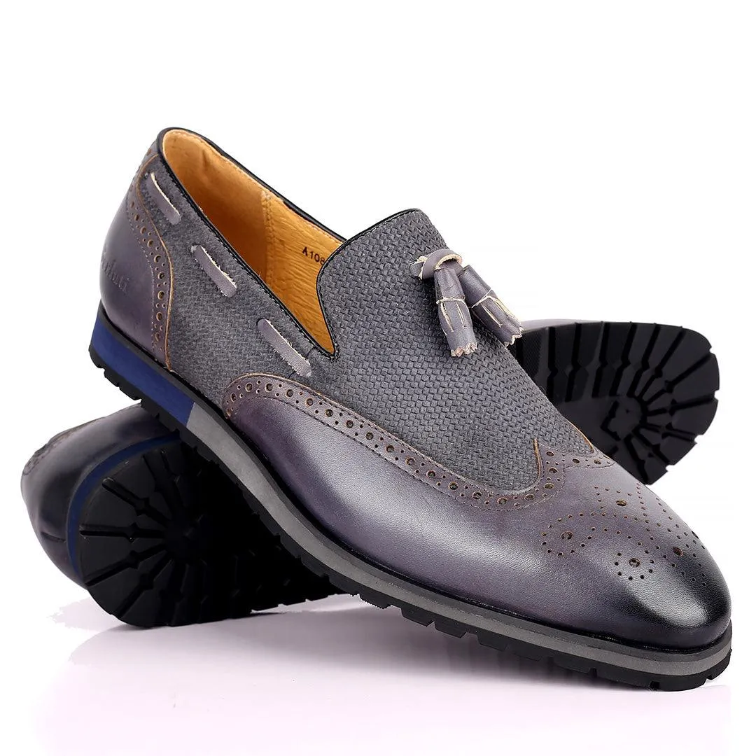 Berlut Brogue And Tassel Designed Grey Leather Shoe