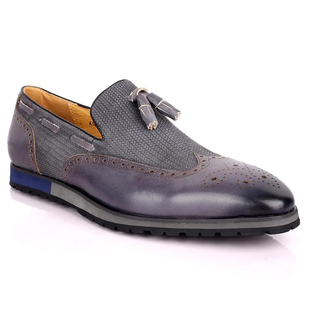 Berlut Brogue And Tassel Designed Grey Leather Shoe