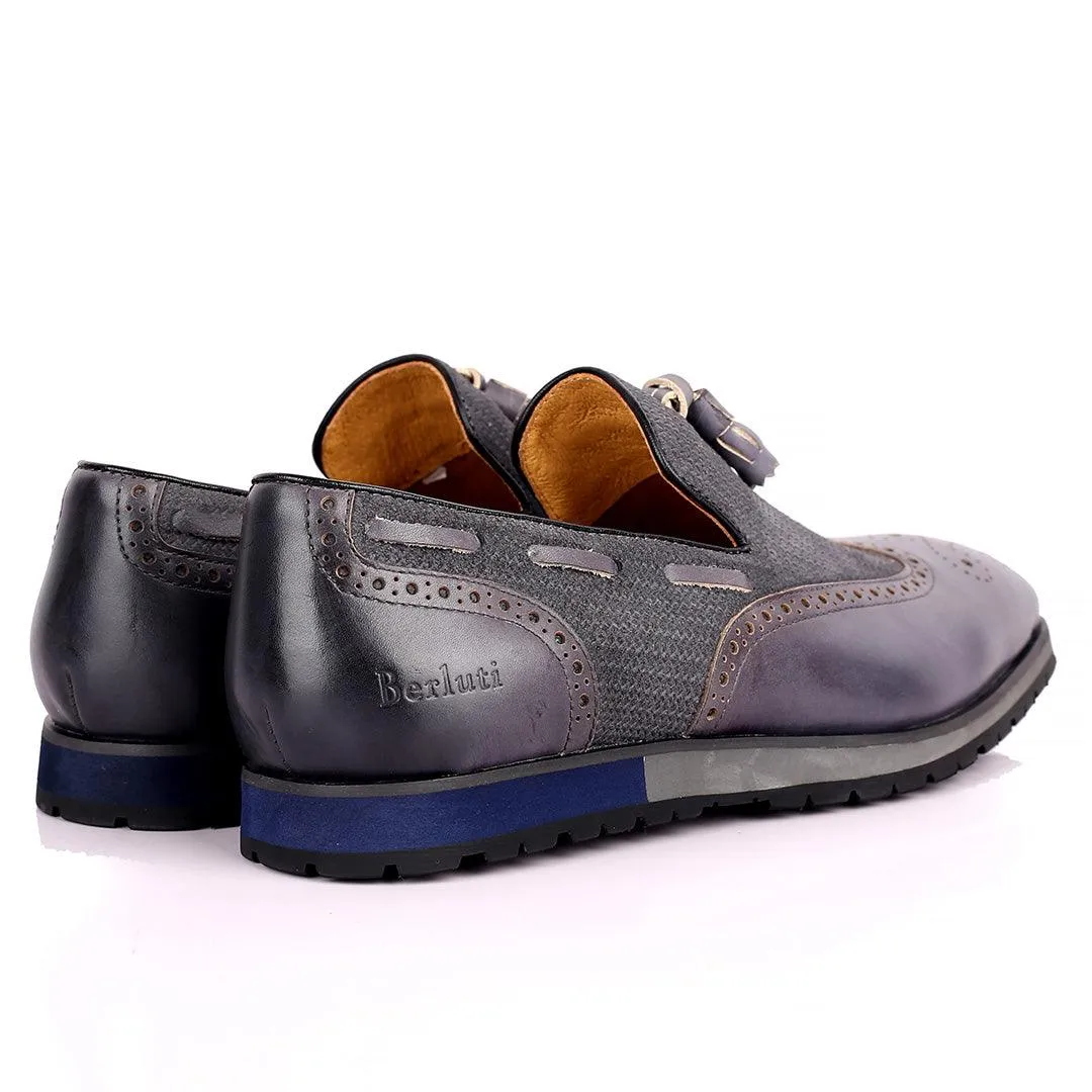 Berlut Brogue And Tassel Designed Grey Leather Shoe