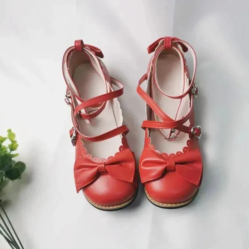 binfenxie NEW Lolita Shoes Princess Shoes Students Lovely Shoes Women Flats Low Round With Cross Straps Bow