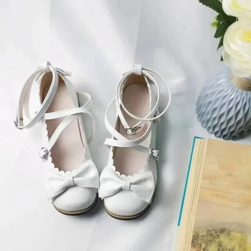 binfenxie NEW Lolita Shoes Princess Shoes Students Lovely Shoes Women Flats Low Round With Cross Straps Bow