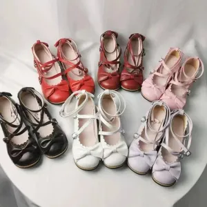 binfenxie NEW Lolita Shoes Princess Shoes Students Lovely Shoes Women Flats Low Round With Cross Straps Bow