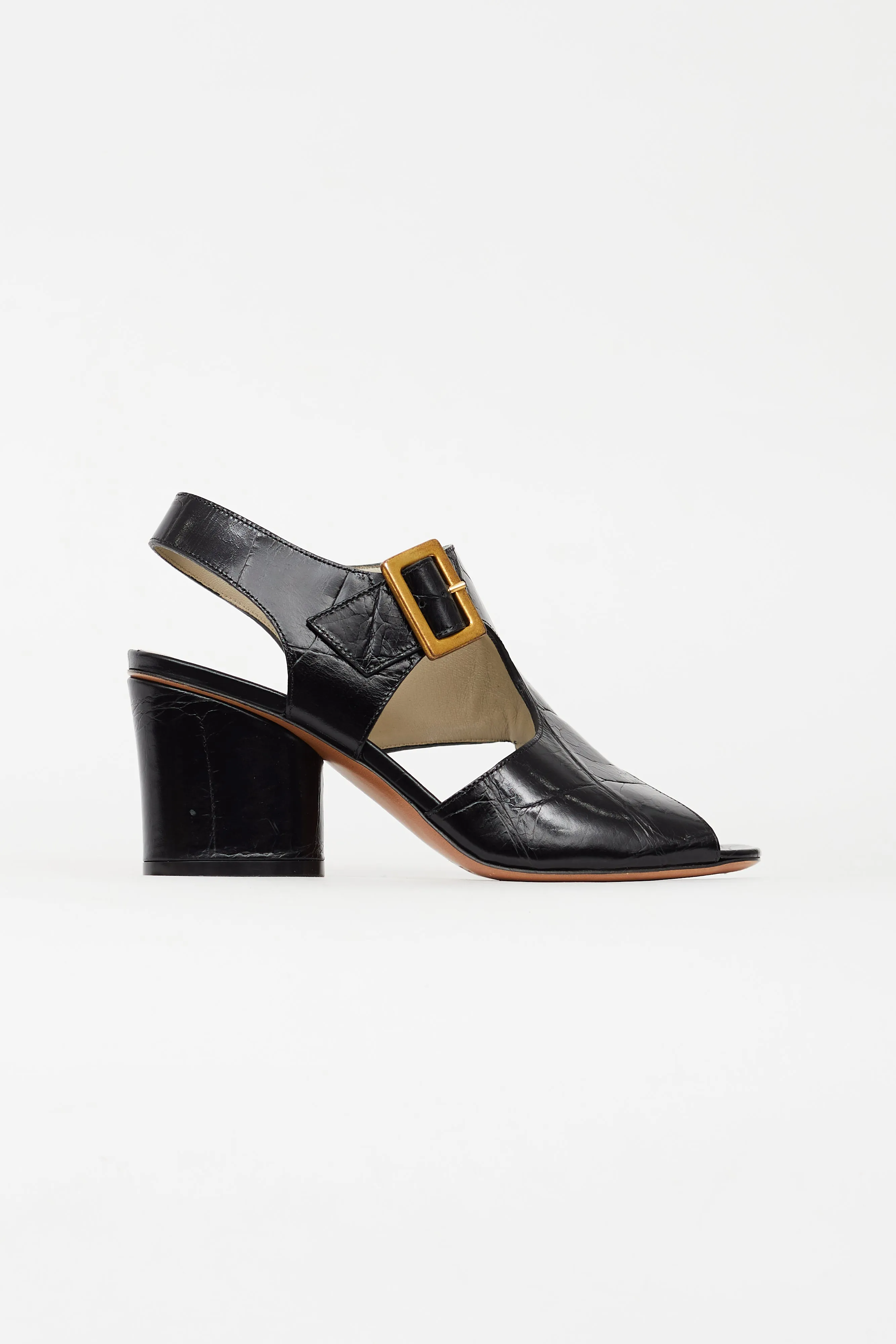 Black Embossed Buckle Heeled Sandal