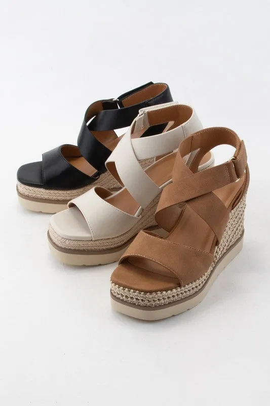 Black Pu Churro Velcro Closure Cross Strap Wedge Heel