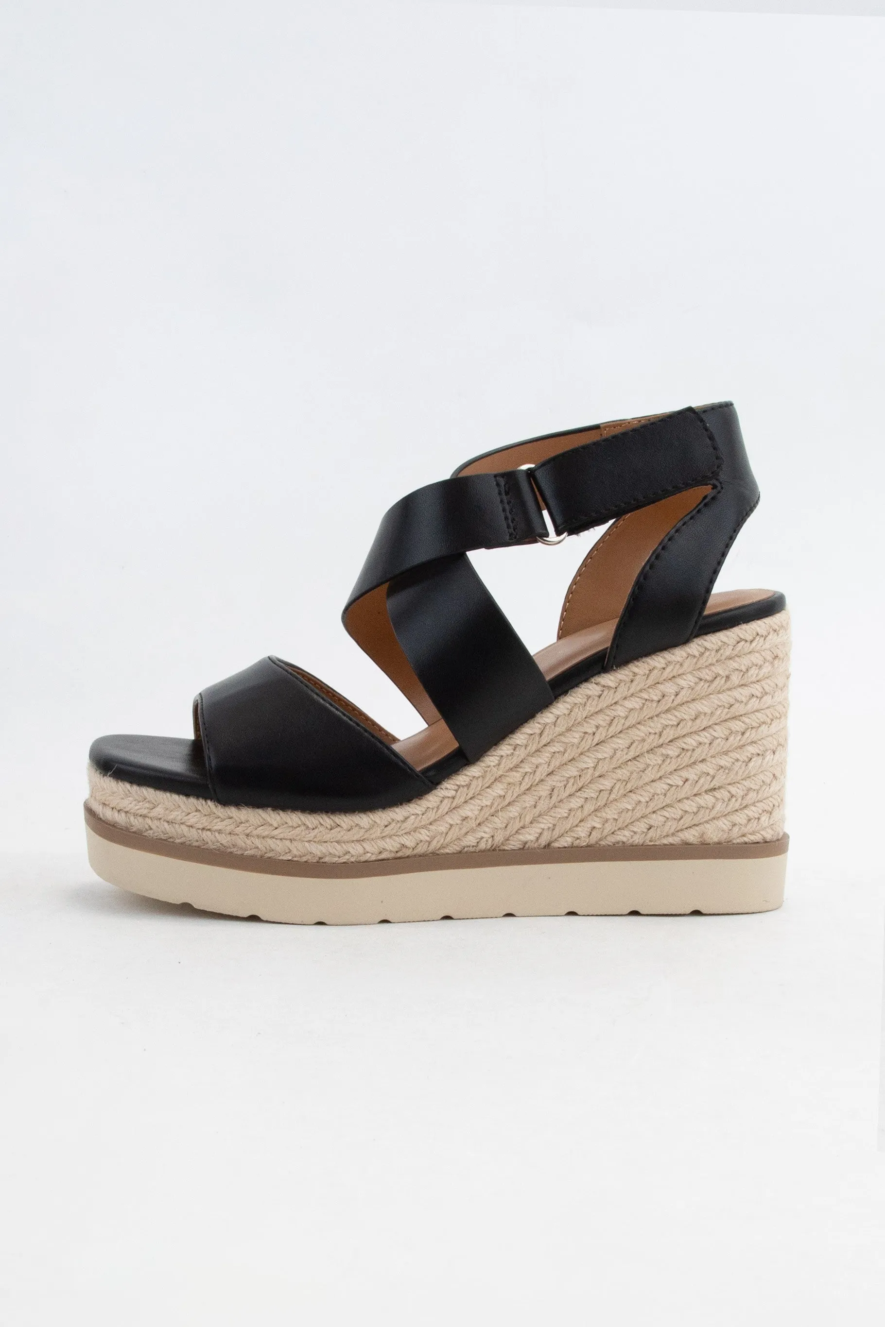 Black Pu Churro Velcro Closure Cross Strap Wedge Heel