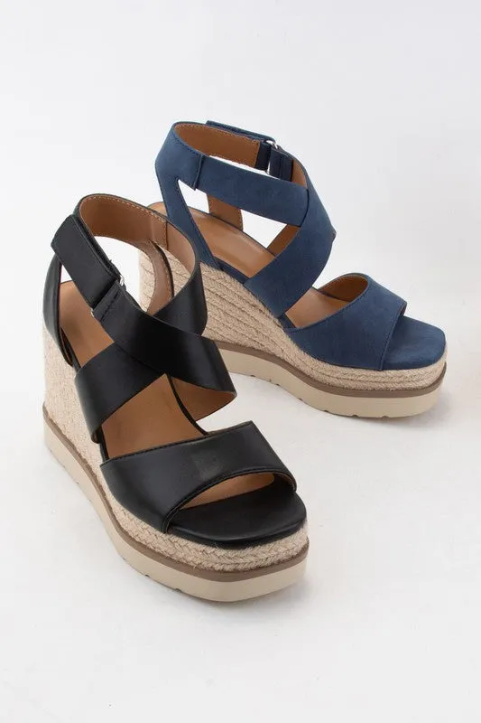 Black Pu Churro Velcro Closure Cross Strap Wedge Heel