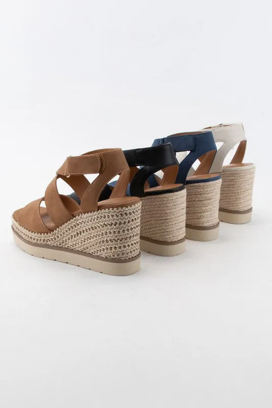 Black Pu Churro Velcro Closure Cross Strap Wedge Heel