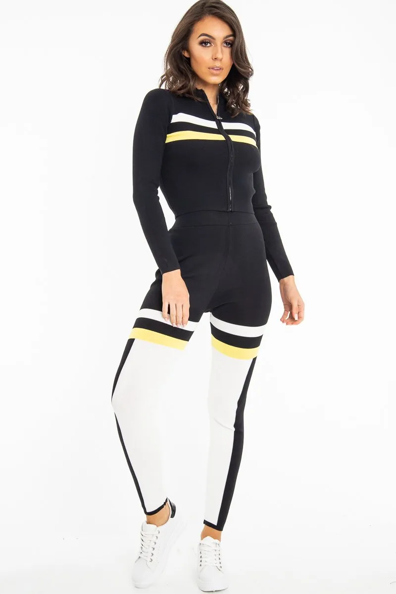 Black White Yellow Striped Leggings and Crop Top - Aalijah