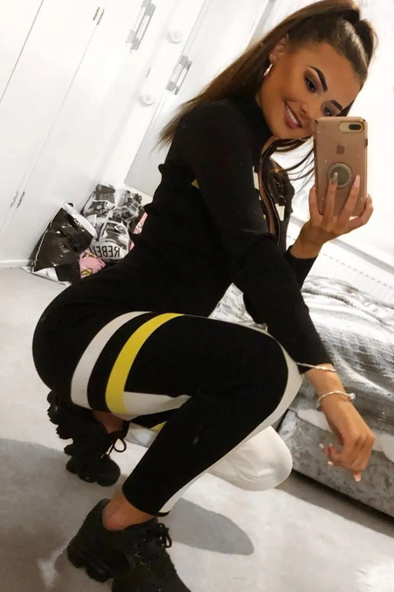 Black White Yellow Striped Leggings and Crop Top - Aalijah