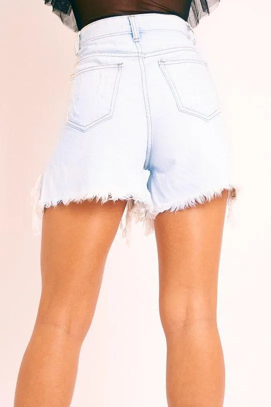 Bleach Light Denim Extreme Rip Front Shorts - Aarya