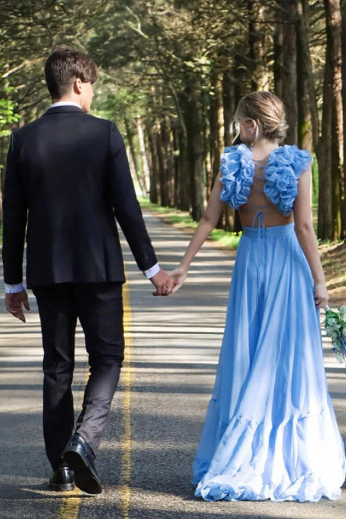 Blue V Neck Sleeveless Long Prom Dress with Ruffles, A Line Formal Gown UQP0303