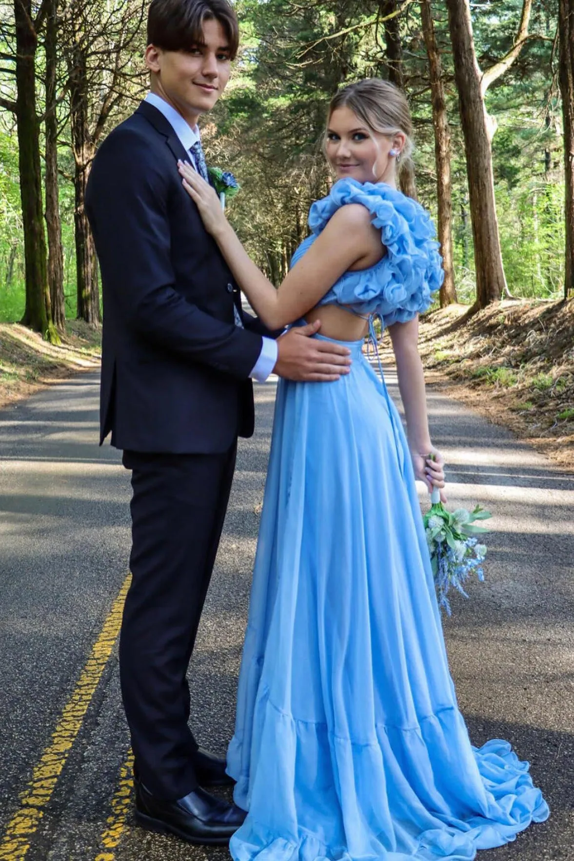 Blue V Neck Sleeveless Long Prom Dress with Ruffles, A Line Formal Gown UQP0303