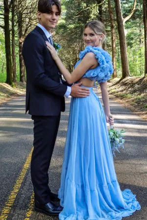 Blue V Neck Sleeveless Long Prom Dress with Ruffles, A Line Formal Gown UQP0303