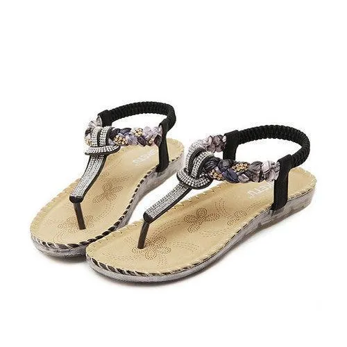 Bohemian Bead Floral Elastic Clip Toe T Strap Slip On Flat Beach Sandals