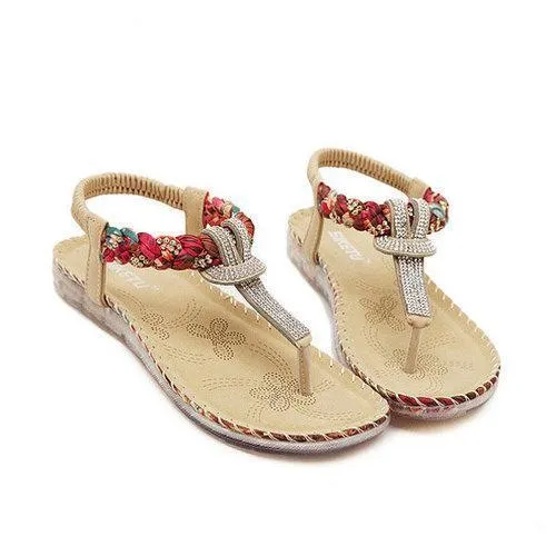 Bohemian Bead Floral Elastic Clip Toe T Strap Slip On Flat Beach Sandals