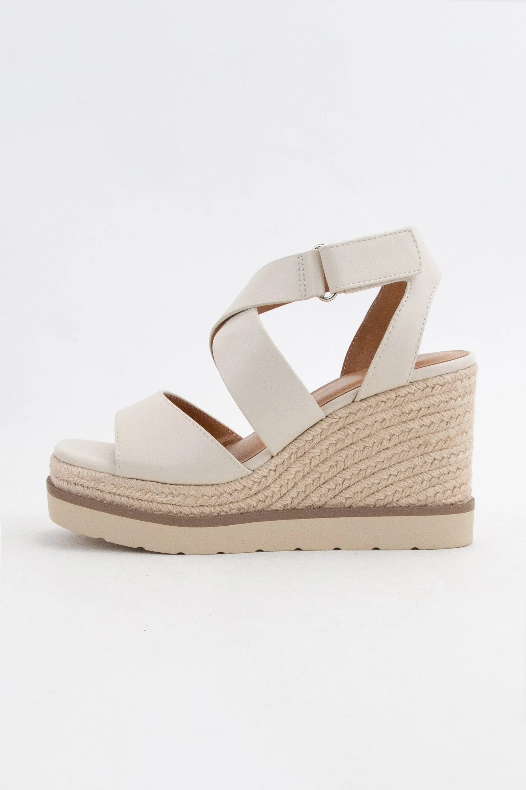 Bone Pu Churro Velcro Closure Cross Strap Wedge Heel