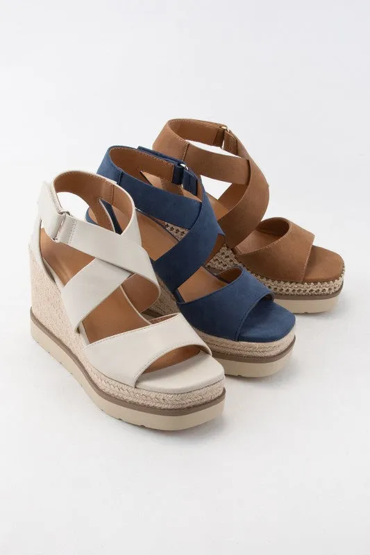 Bone Pu Churro Velcro Closure Cross Strap Wedge Heel