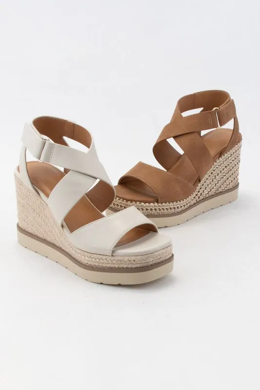 Bone Pu Churro Velcro Closure Cross Strap Wedge Heel