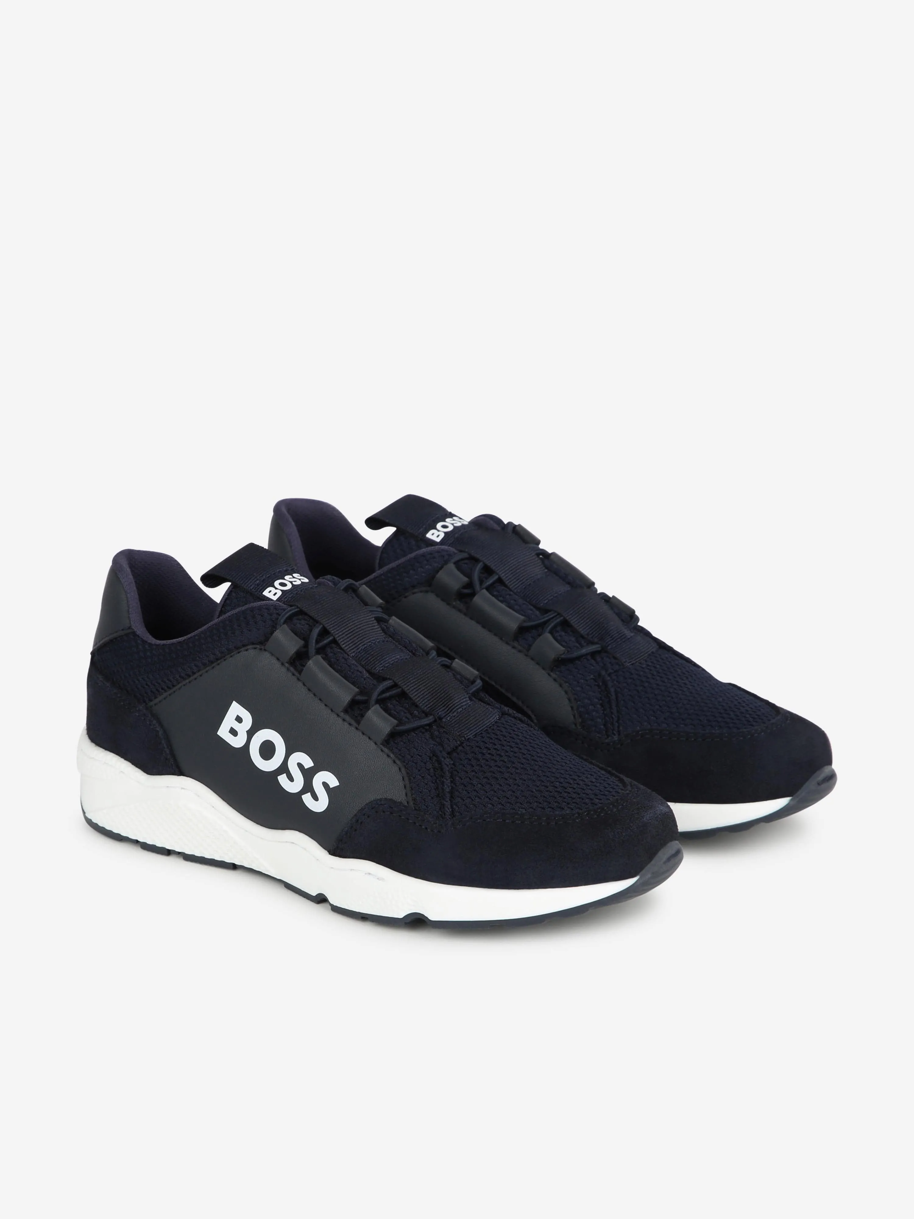 BOSS Boys Leather And Mesh Logo Trainer in Navy