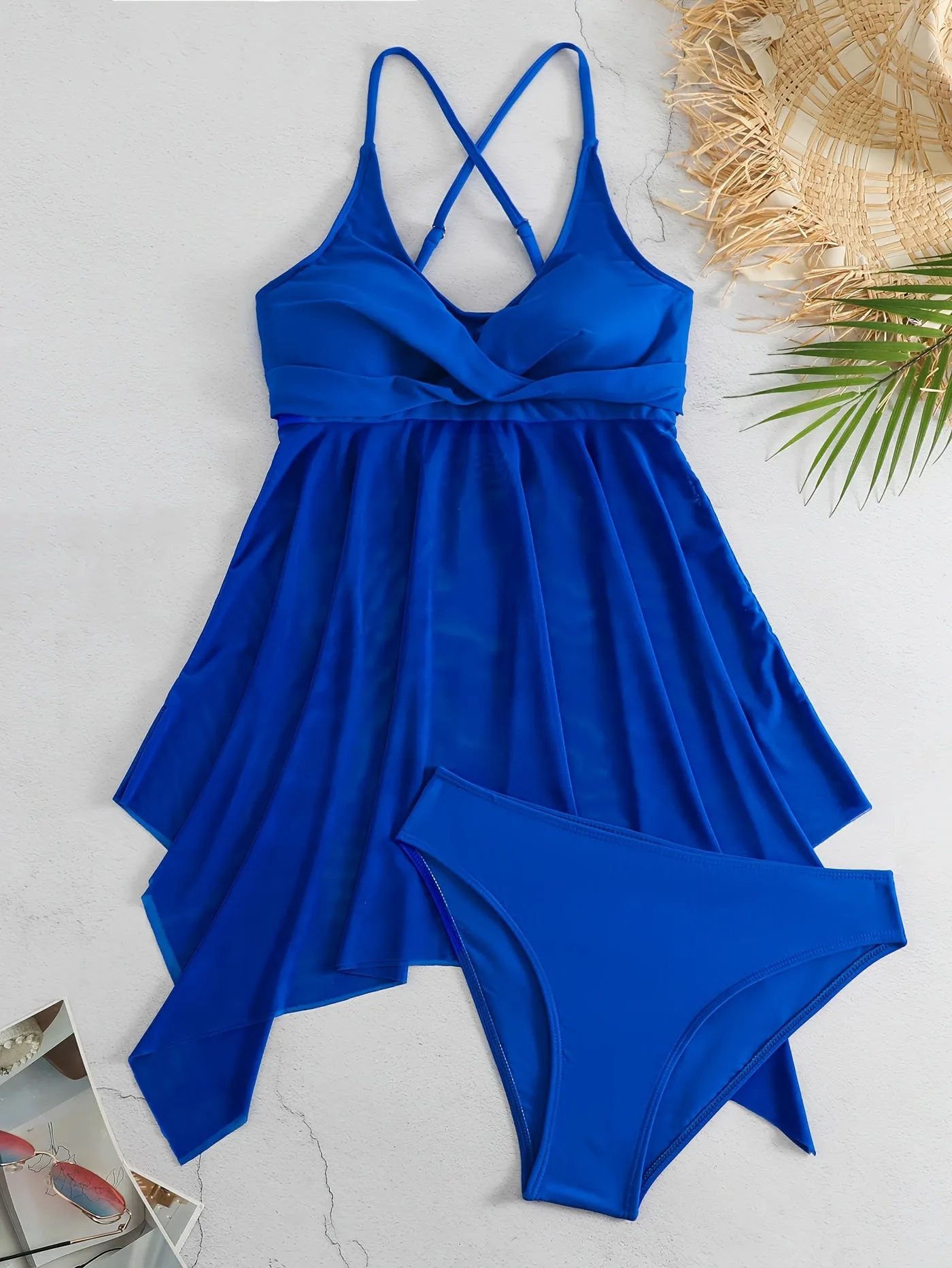 Chic 2-Piece Bikini Set with Criss Cross Mesh Contrast & Skirted Detail - Comfort Fit with Scoop Neck & Spaghetti Straps - Ideal for Beach & Pool.