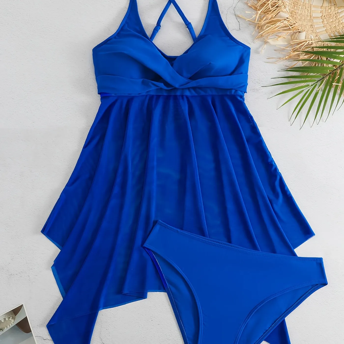 Chic 2-Piece Bikini Set with Criss Cross Mesh Contrast & Skirted Detail - Comfort Fit with Scoop Neck & Spaghetti Straps - Ideal for Beach & Pool.